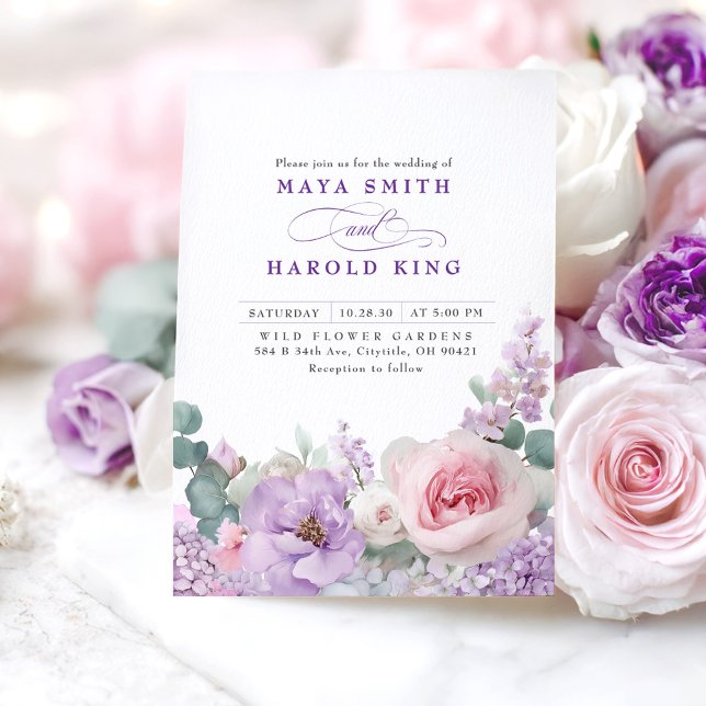 Invitación Boda del Boho floral púrpura y rosa botánico (Purple and Pink Flowers Wedding Invitations)