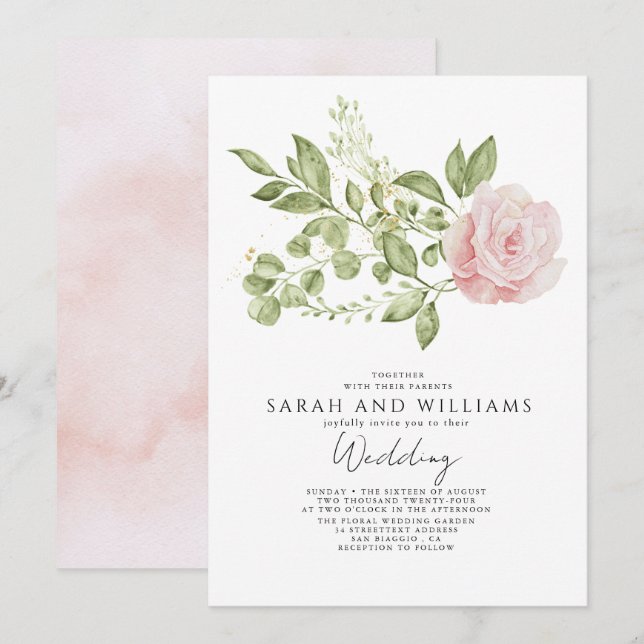 Invitación Boda del Boho floral rosa de luz verde sabio (Anverso / Reverso)