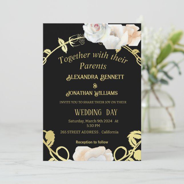 Invitación Boda del Boho moderno de Floral Negra y Oro (Anverso de pie)