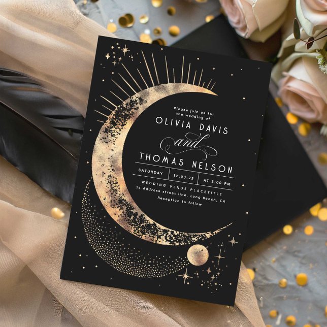 Invitación Boda del Boho Noche Celestial Mística de la Luna S (Black Celestial Wedding Invitations)