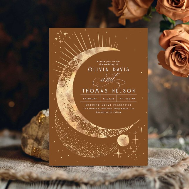 Invitación Boda del Boho Noche Celestial Mística de la Luna S (Terracotta Celestial Wedding Invitation)