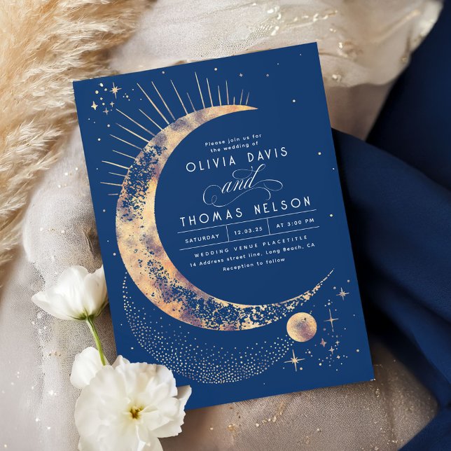 Invitación Boda del Boho Noche Celestial Mística de la Luna S (Navy Blue and Gold Stars Wedding Invitation)