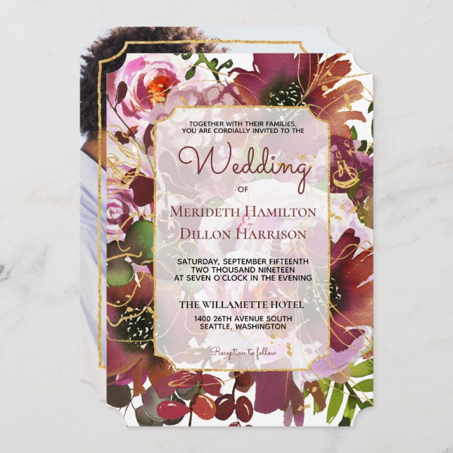 Invitación Boda del Boho Rosa de Oro Borgoña Elegante (Anverso / Reverso)