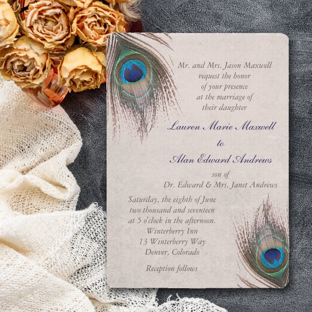 Invitación Boda del borde de la pluma de pavo real (Subido por el creador)