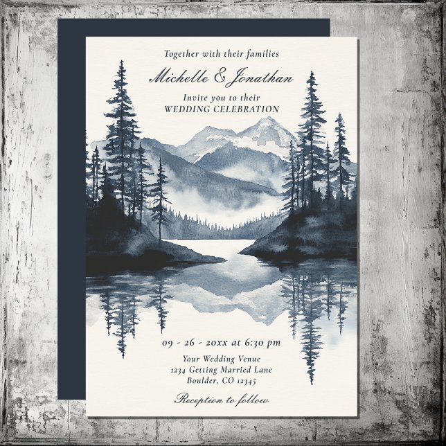 Invitación Boda del Bosque Acuático Rústico de Montaña (Watercolor Rustic Mountain Lake Forest Wedding Invitation)