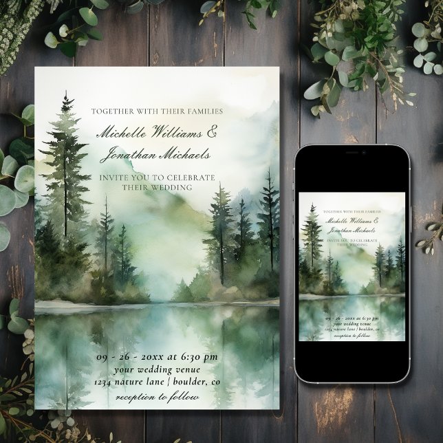 Invitación Boda del Bosque Acuático Rústico de Montaña (Printed and Digital - Watercolor Rustic Mountain Lake Forest Wedding Invitation)
