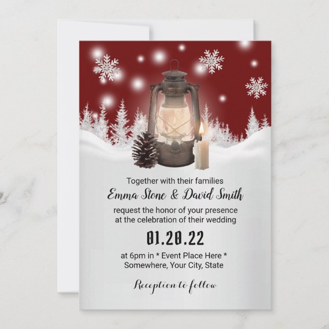 Invitación Boda del bosque de invierno rojo con copos de niev (Anverso)