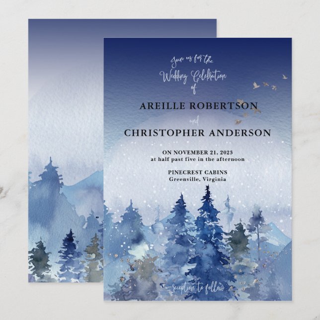 Invitación Boda del bosque de pino azul oxidado (Anverso / Reverso)
