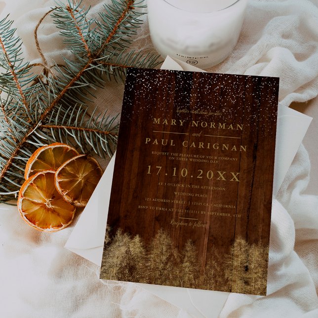 Invitación Boda del bosque de pinos de madera de nieve de inv (Winter snow wood pine trees forest wedding invitation)
