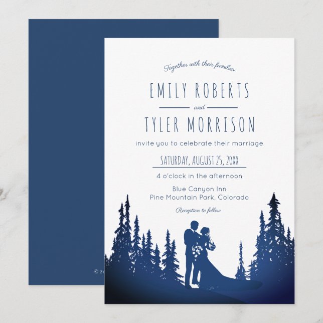 Invitación Boda del Bosque de Pinos de Montaña Rusa - Azul © (Anverso / Reverso)