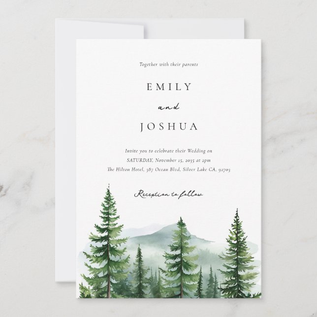 Invitación Boda del bosque de pinos rústicos (Anverso)