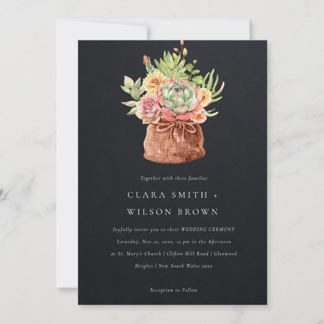 Invitación Boda DEL BUNCH DE CACTI, SUCULENTE DE DESIERTO NEG (Anverso)