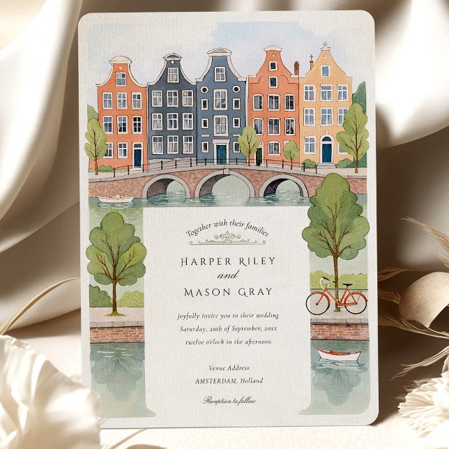 Invitación Boda del canal Watercolor Amsterdam House & Tulips (Subido por el creador)
