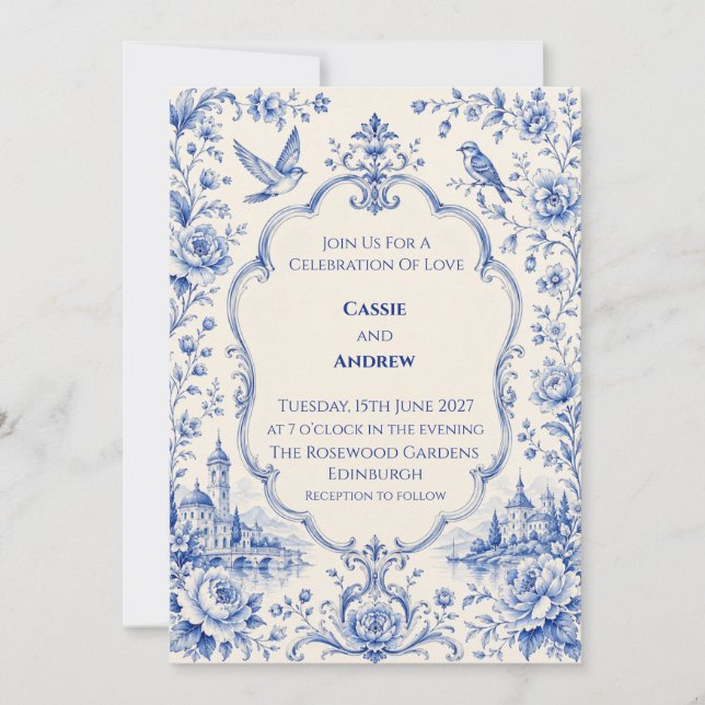 Invitación Boda del Castillo Blue Chinoiserie (Anverso)