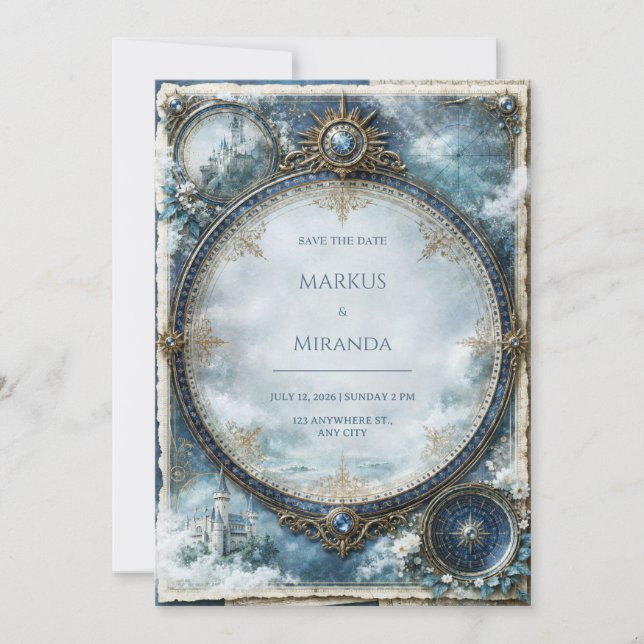 Invitación Boda del Castillo Celestial Azul (Anverso)
