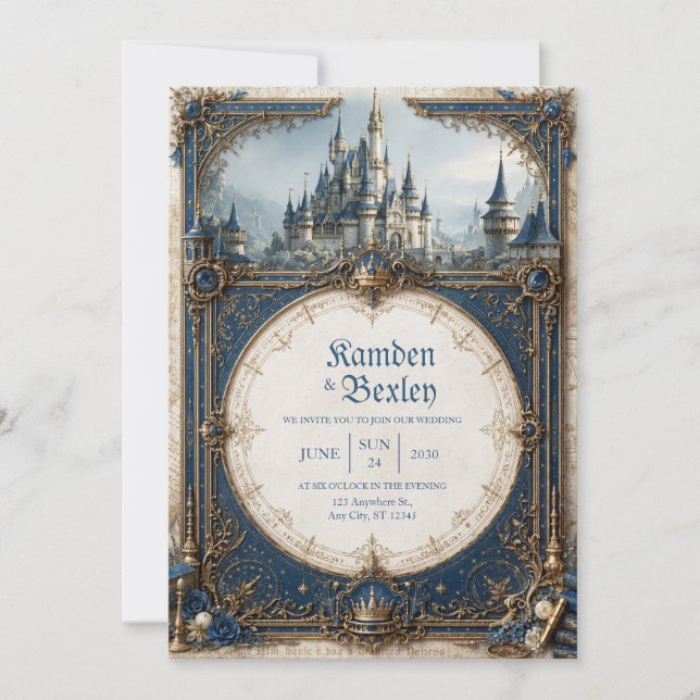 Invitación Boda del Castillo Corona Azul Real (Anverso)