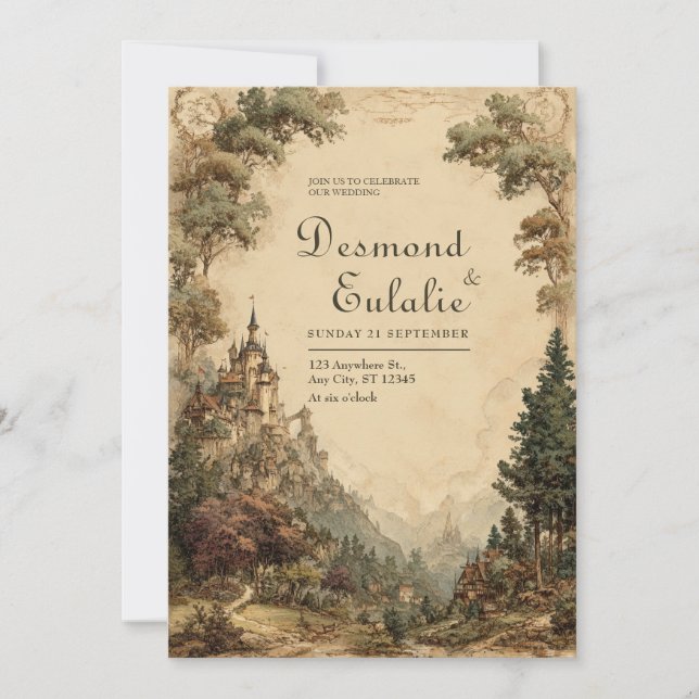 Invitación Boda del castillo de Woodland Mystical (Anverso)