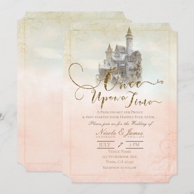 Invitación Boda del castillo del libro de cuentos de hadas ro (Anverso / Reverso)
