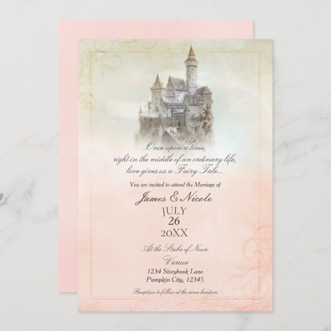 Invitación Boda del castillo del libro de cuentos de hadas ro (Anverso / Reverso)