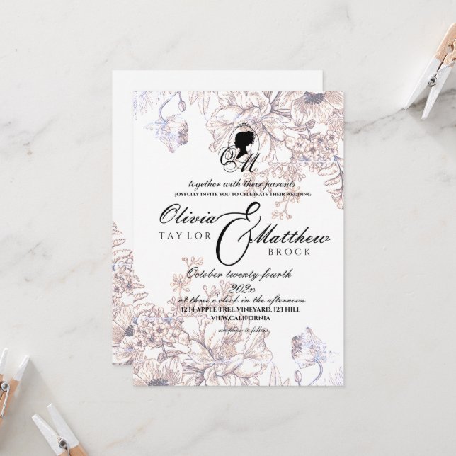 Invitación Boda del castillo Jardín Flora Beige Elegante guió (Anverso/Reverso In Situ)