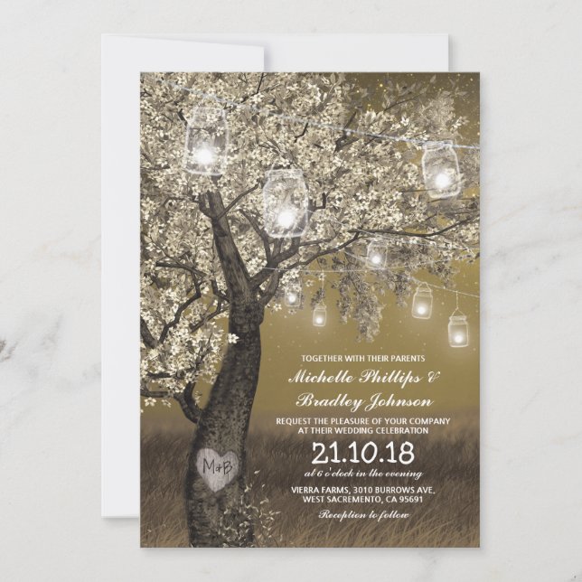 Invitación Boda del cerezo rústico y luces de cadena (Anverso)
