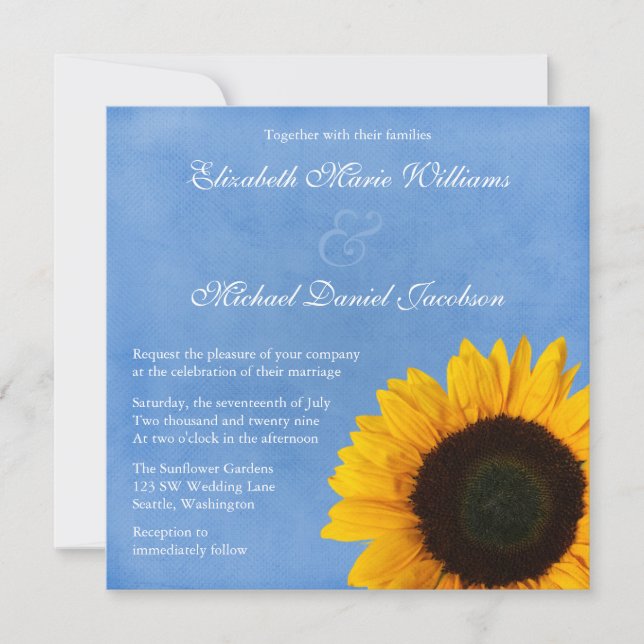 Invitación Boda del cielo azul amarillo girasol (Anverso)