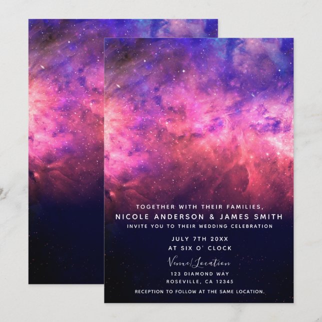 Invitación Boda del cielo estrellado rosa morado estrellado d (Anverso / Reverso)