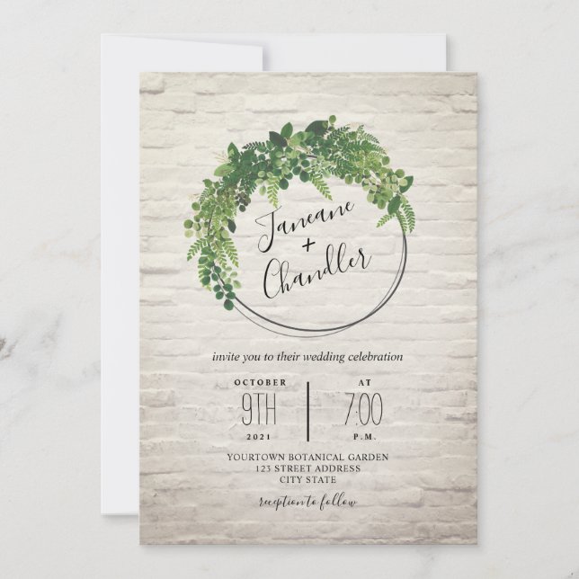 Invitación Boda del Círculo de Ladrillo Blanco verde (Anverso)