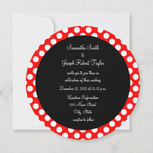 Invitación Boda del círculo negro de puntos de polka rojo y b
