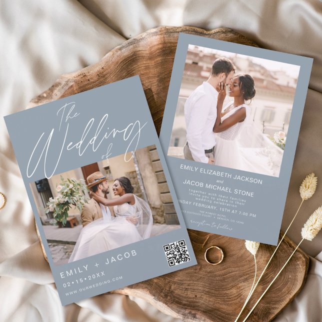 Invitación Boda del código QR de dos fotos Dusty Blue (Subido por el creador)