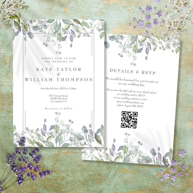 Invitación Boda Del Código QR De La Sage Floral Y Lilac (Floral Sage And Lilac QR Code Wedding Invitation)