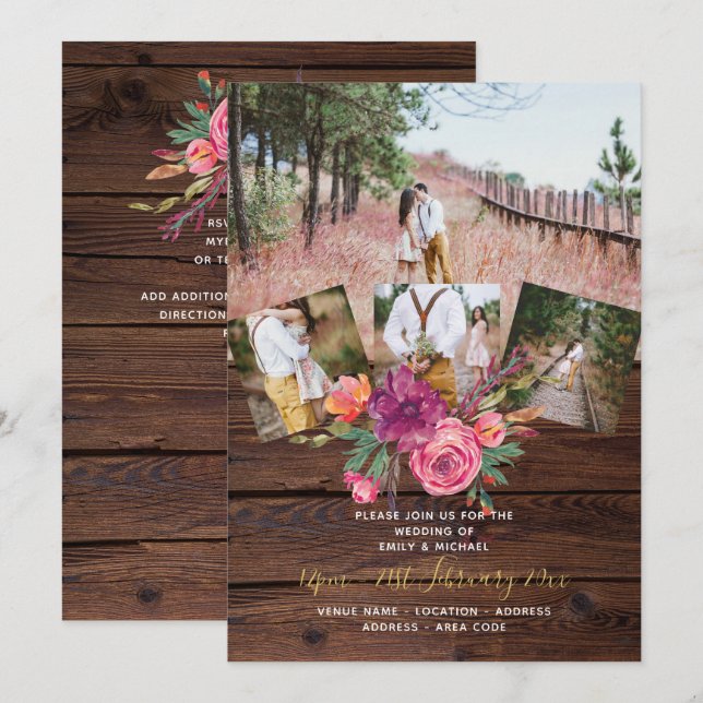 Invitación Boda del COLLAGE DE FOTOS Rustic Burgundy Marsala (Anverso / Reverso)