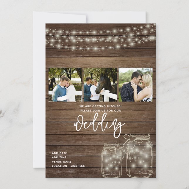 Invitación Boda del Collage de fotos Rustic Mason Jar Lights (Anverso)