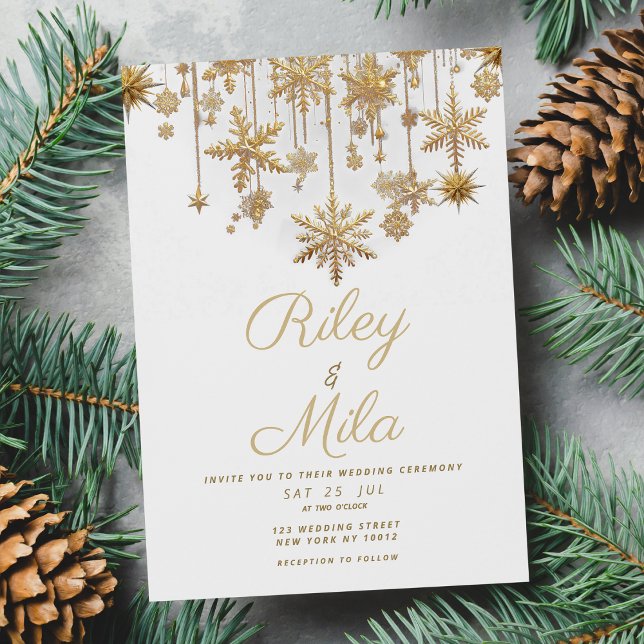 Invitación Boda del copo de nieve de oro blanco Winderland (Winter wonderland white gold snowflake Wedding )
