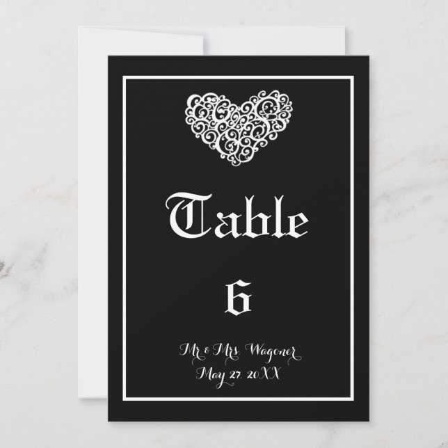 Invitación Boda del corazón de Swirly - Número de tabla (Anverso)