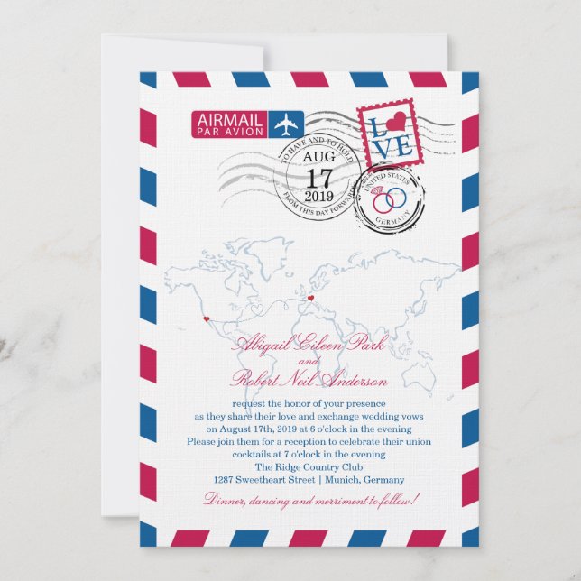 Invitación Boda del Corazón del Airmail de San Diego y Aleman (Anverso)