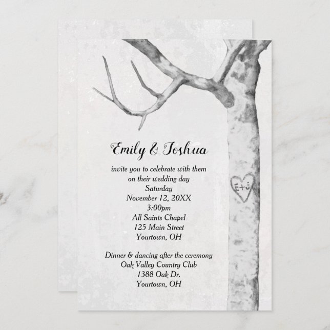 Invitación Boda del corazón del árbol de birch (Anverso / Reverso)