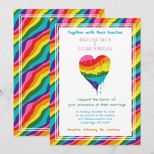 Invitación Boda del corazón del arcoiris LGBT personalizado (Anverso / Reverso)