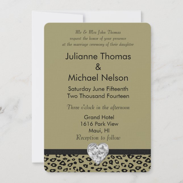 Invitación Boda del corazón del diamante impreso del Leopardo (Anverso)