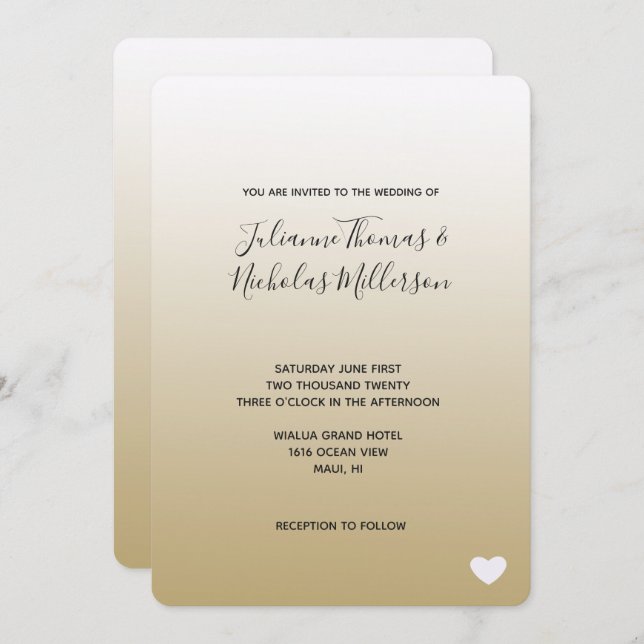 Invitación Boda del corazón del ómbre dorado (Anverso / Reverso)