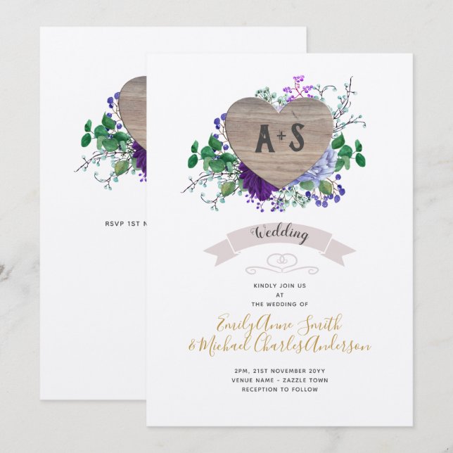 Invitación Boda del Corazón Eterno Nave Floral Azul Púrpura (Anverso / Reverso)