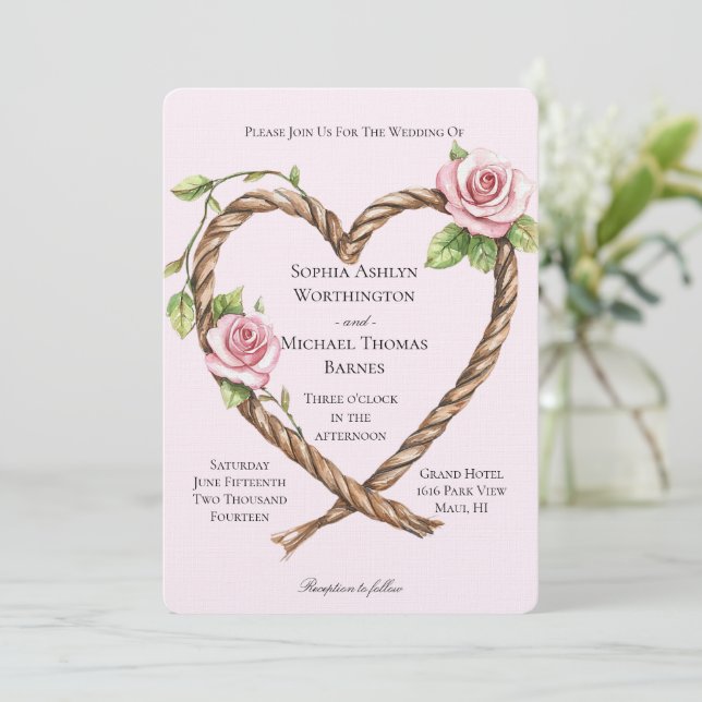 Invitación Boda del corazón floral rosa rosa rosa (Anverso de pie)