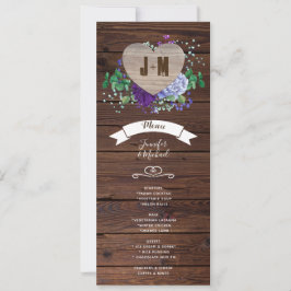 Invitación Boda del corazón rústico Menú Flores de color azul
