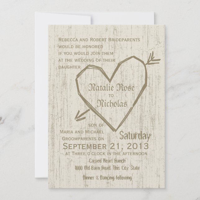 Invitación Boda del corazón tallado (Anverso)
