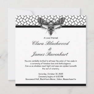 Invitación Boda del cráneo de la polilla gótica - blanco y ne