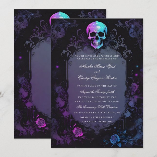 Invitación Boda del cráneo floral gótico boho morado oscuro (Anverso / Reverso)