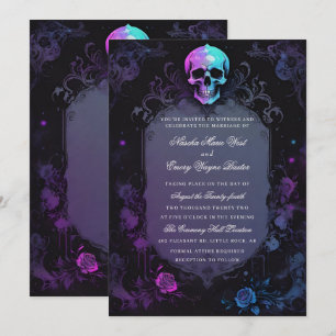 Invitación Boda del cráneo floral gótico boho morado oscuro