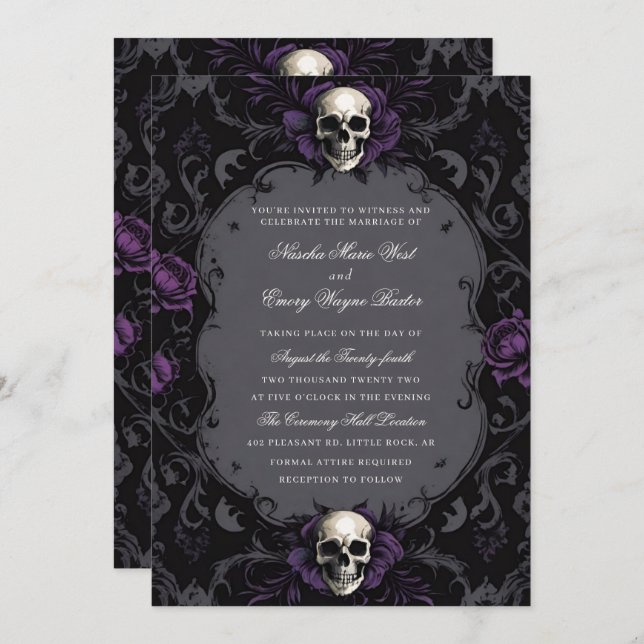 Invitación Boda del cráneo floral gótico boho morado oscuro (Anverso / Reverso)
