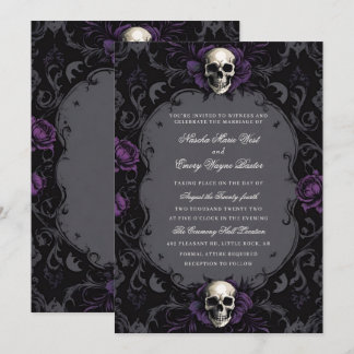 Invitación Boda del cráneo floral gótico boho morado oscuro