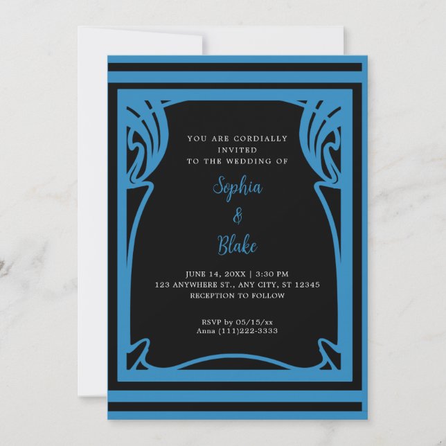 Invitación Boda del Deco de Arte Asombroso Negro y Azul (Anverso)